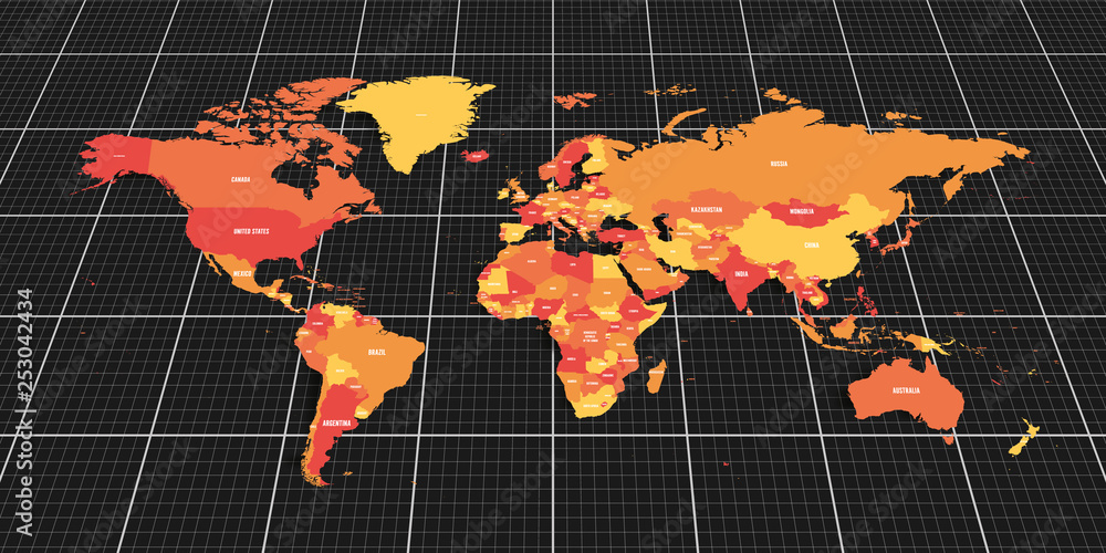 Poster colorful geopolitical map of world. bottom perspective view with background grid. vector illustratio