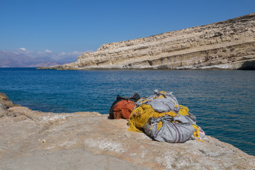 Fototapeta premium Fishing nets and a landscape, Crete, Greece
