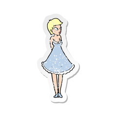 retro distressed sticker of a cartoon pretty woman in dress