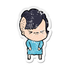distressed sticker of a cartoon annoyed hipster girl