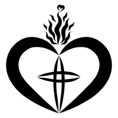 flame with hearts over a heart with a cross inside