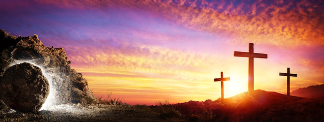 Resurrection - Tomb Empty With Crucifixion At Sunrise - obrazy, fototapety, plakaty