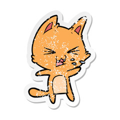 distressed sticker of a cartoon cat hissing