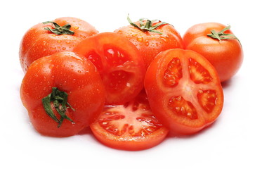 Fresh ripe, red tomato slices isolated on white background