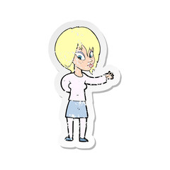retro distressed sticker of a cartoon woman making welcome gesture