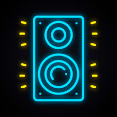 Neon music column sign. Glowing audio speakers icon.