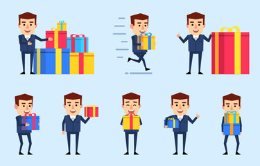 Obraz na płótnie Canvas Set of businessman characters in blue suit posing with diverse gift boxes. Cheerful man holding gift box, celebrating birthday, running and showing other actions. Flat style vector illustration