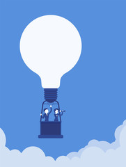 Great idea hot air balloon with lamp bulb and business people in basket. Businessman, businesswoman float high in sky, enjoy accomplishment of aim or purpose. Vector illustration, faceless characters