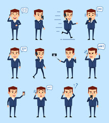 Set of businessman characters in blue suit posing with phone in different situations. Cheerful man talking on phone, surprised, taking selfie and showing other actions. Flat vector illustration