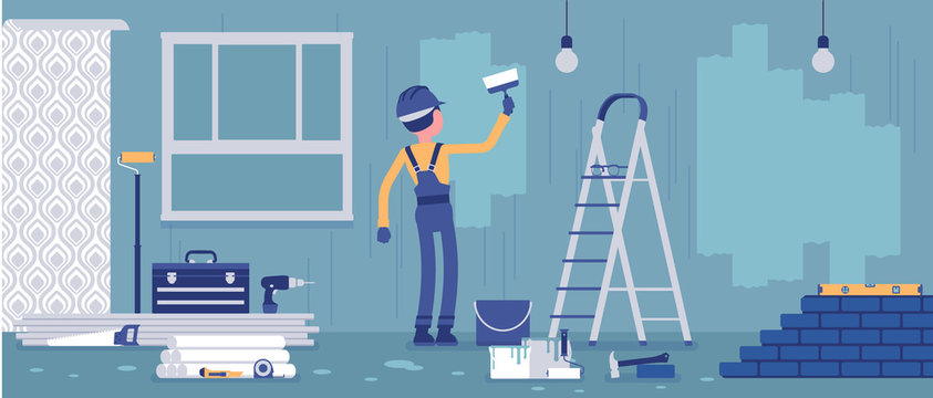 Repair of apartments, worker painting walls. Man provides professional  services for cottage house, office, restore home to good condition,  internal decoration. Vector illustration, faceless characters Stock Vector  | Adobe Stock