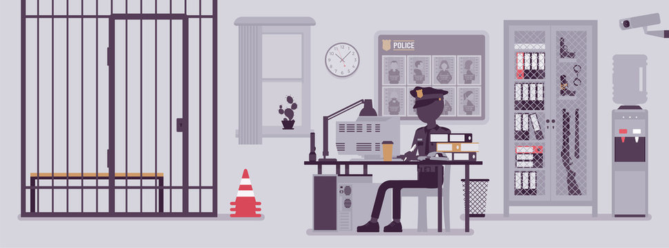 Police station office and a policeman working. Male officer sitting at workplace in city department, room interior with professional tools, wanted poster. Vector illustration with faceless characters