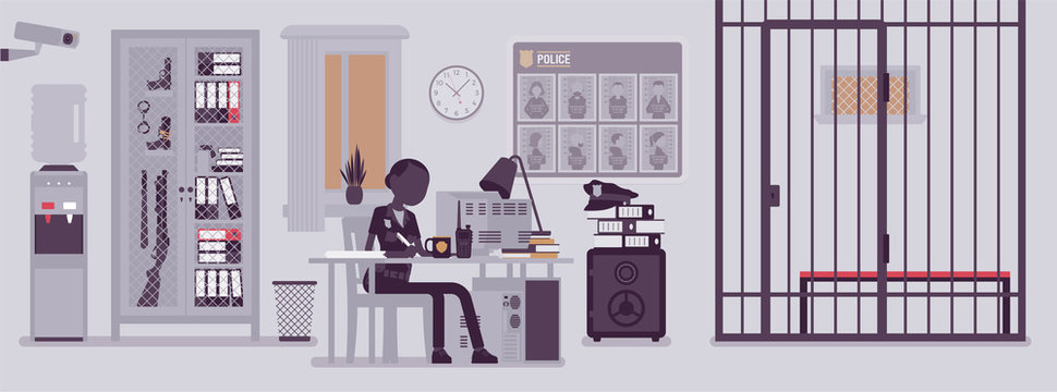 Police station office and policewoman working. Female officer sitting at workplace in city department, room interior with professional tools wanted poster. Vector illustration with faceless characters