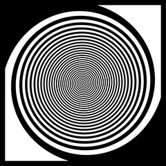 Illustration of psychedelic type, 3d spiral to create an optical illusion with black and white stripes. Rotation in the tunnel with the effect of movement, in the frame. Creating mood, puzzles, magic