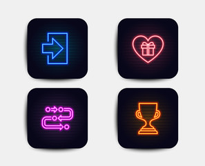 Neon glow lights. Set of Login, Romantic gift and Methodology icons. Award cup sign. Sign in, Surprise with love, Development process. Trophy.  Neon icons. Glowing light banners. Vector