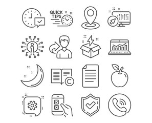 Set of File, Quick tips and Location icons. Creative idea, Copyright and Cogwheel signs. Select alarm, Mobile survey and Web analytics symbols. Paper page, Helpful tricks, Map pointer. Vector