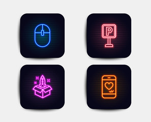 Neon glow lights. Set of Computer mouse, Startup and Parking icons. Love chat sign. Pc equipment, Innovation, Auto park. Smartphone.  Neon icons. Glowing light banners. Vector