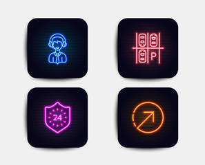 Neon glow lights. Set of Shipping support, Parking place and 24 hours icons. Direction sign. Delivery manager, Transport, Protection. Navigation pointer.  Neon icons. Glowing light banners. Vector