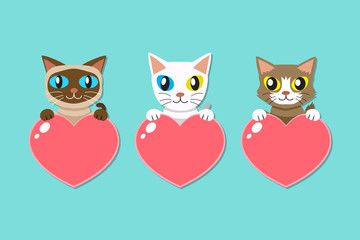 Set of cartoon cats with heart signs for design.