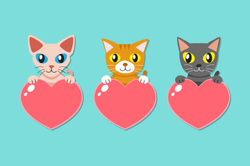 Set of cartoon cute cats with heart signs for design.