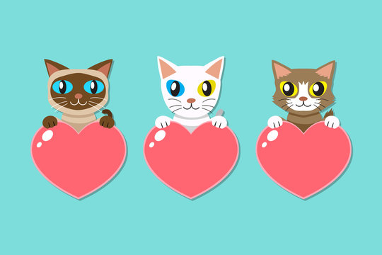Set of cartoon cats with heart signs for design.