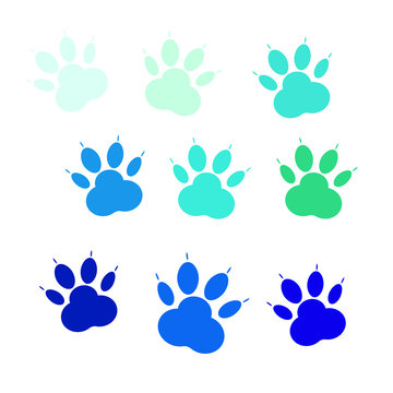 Set of blue icons of paw, cat's feet, dog's footprint. Vector icons isolated on white background.