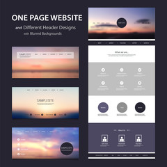 One Page Website Template and Various Header Designs with Blurred Sunset Sky Backgrounds 