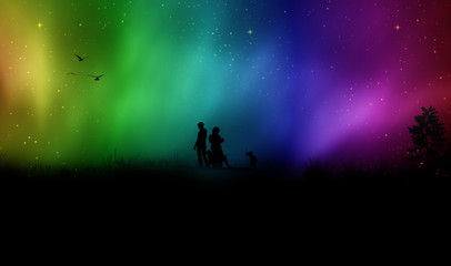 Naklejka na ściany i meble silhouette of couple on a background of aurora sky