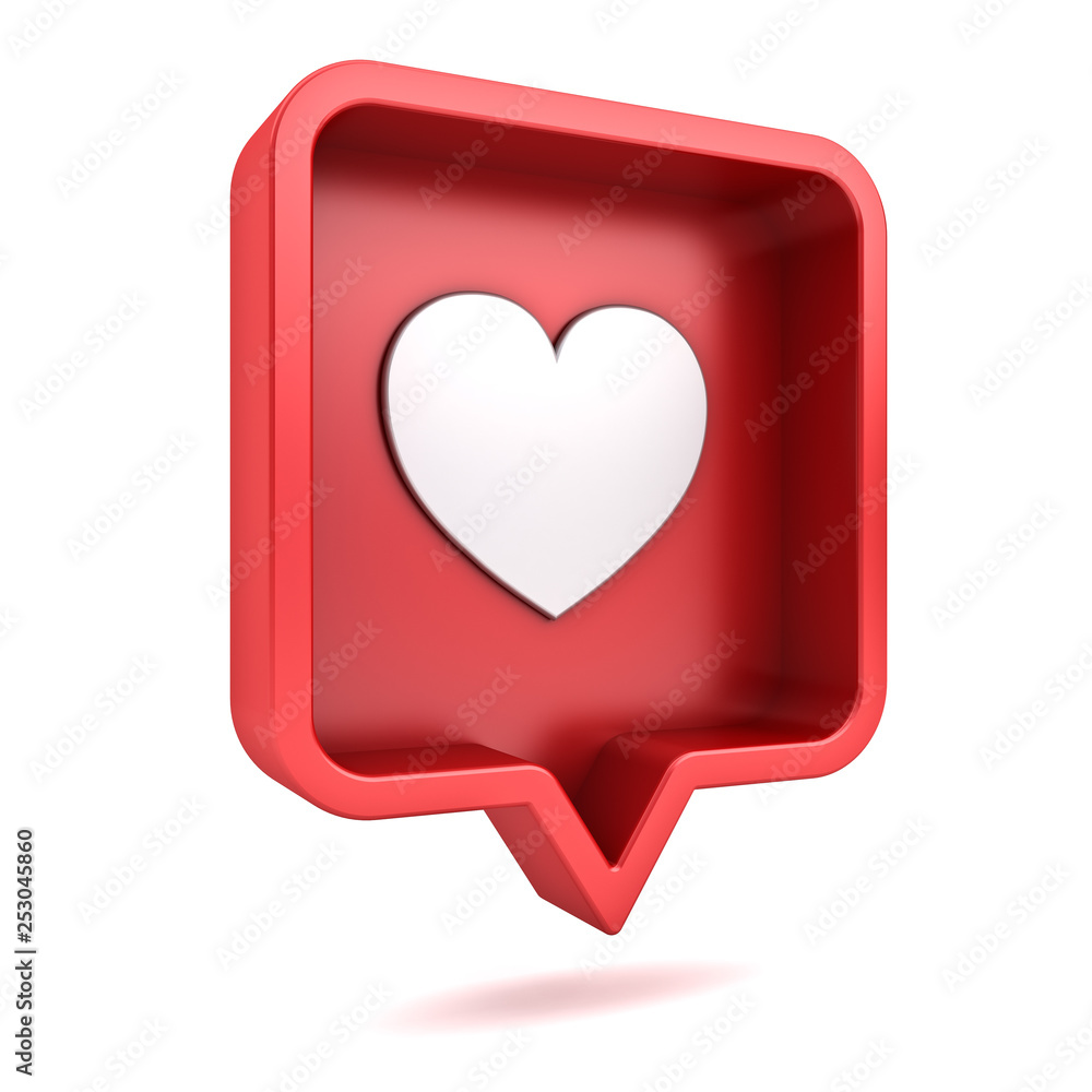 Poster 3d perspective social media notification love like heart icon in red rounded square pin isolated on white background with shadow 3D rendering