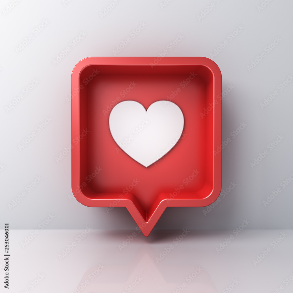 Aufkleber 3d social media notification love like heart icon in red rounded square pin isolated on white wall background with shadow and reflection 3D rendering
