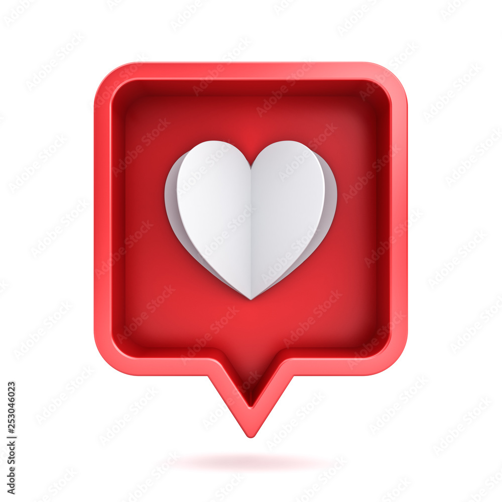 Aufkleber 3d social media notification love like paper folding heart icon in red rounded square box pin isolated on white background with shadow 3D rendering