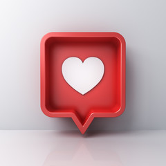 3d social media notification love like heart icon in red rounded square pin isolated on white wall background with shadow and reflection 3D rendering