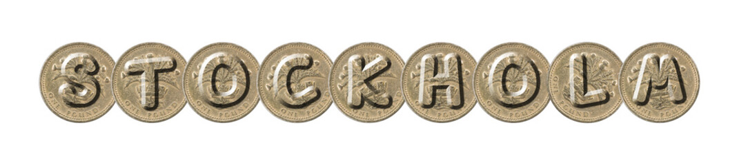 STOCKHOLM  word with British coins on white background
