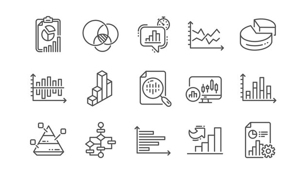 Charts and graphs line icons. Infochart, Block diagram and Algorithm. Presentation linear icon set  Vector
