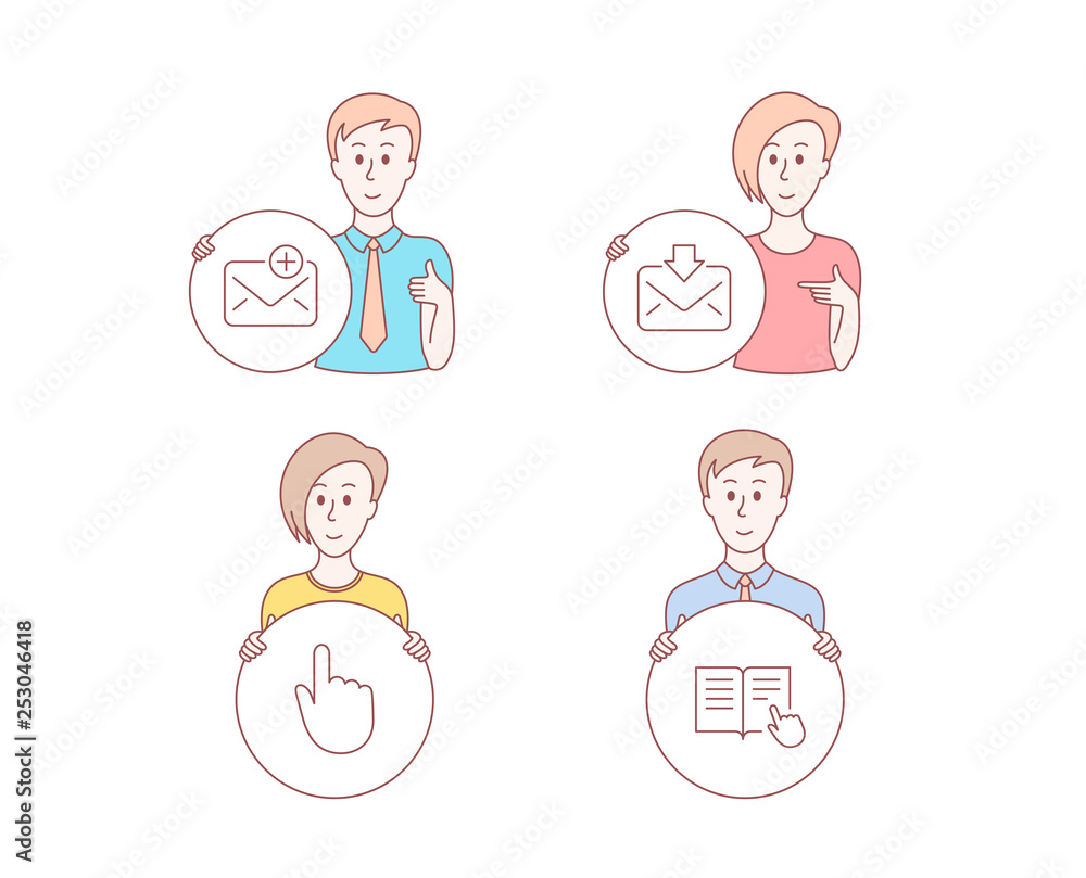 Poster people hand drawn style. set of incoming mail, new mail and hand click icons. read instruction sign.