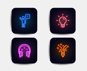 Neon glow lights. Set of Headphones, Light bulb and Agent icons. Inspiration sign. Earphones, Lamp energy, Business person. Creativity pencil.  Neon icons. Glowing light banners. Vector
