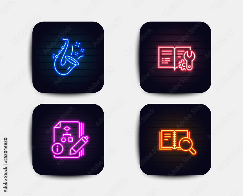 Poster neon set of engineering documentation, jazz and algorithm icons. search book sign. manual, saxophone