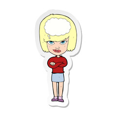 sticker of a cartoon woman with folded arms imagining