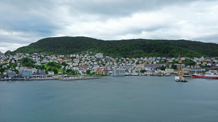 Scenic views of Bergen, city and municipality in Hordaland on the west coast of Norway, entering the cruise ship terminal at Dokken, one of the two harbors in Bergen, Norway
