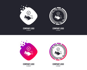 Logotype concept. Tick handshake sign icon. Successful business with check mark symbol. Logo design. Colorful buttons with icons. Vector