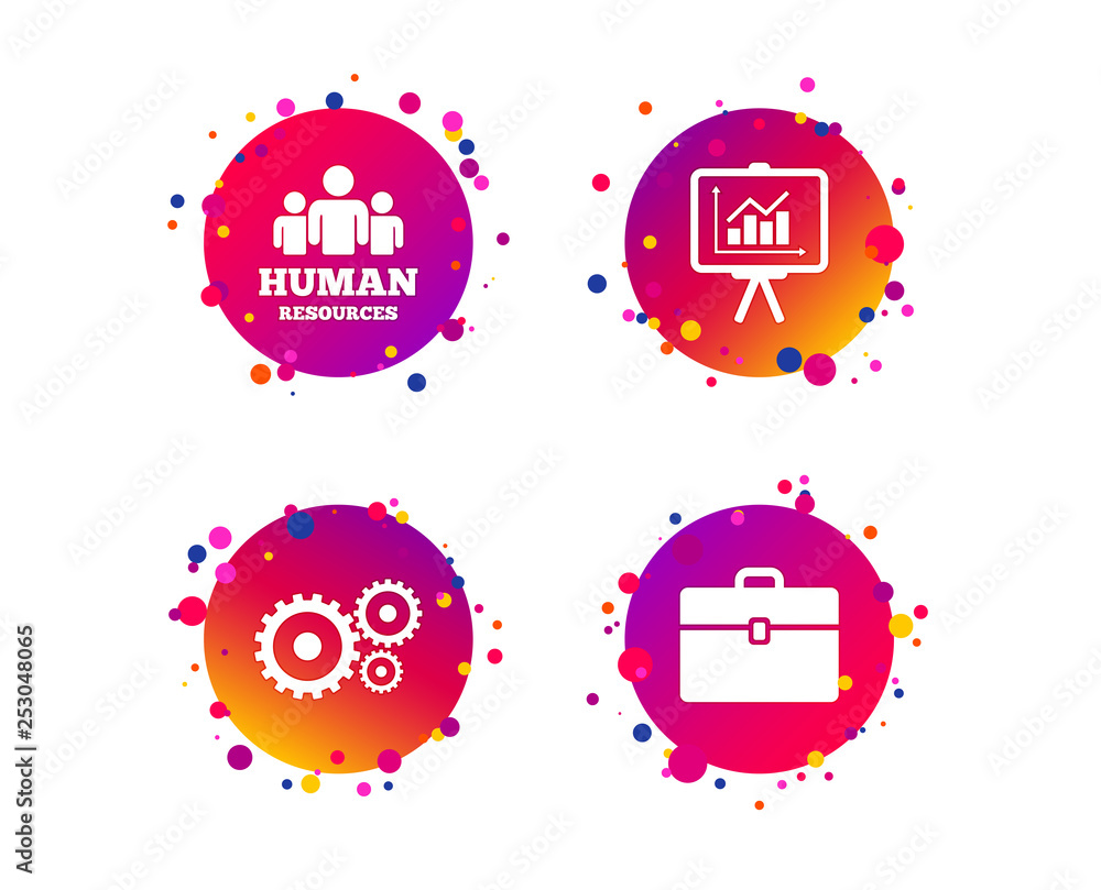 Poster human resources and business icons. presentation board with charts signs. case and gear symbols. gra