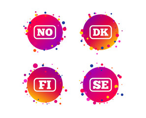 Language icons. FI, DK, SE and NO translation symbols. Finland, Denmark, Sweden and Norwegian languages. Gradient circle buttons with icons. Random dots design. Vector