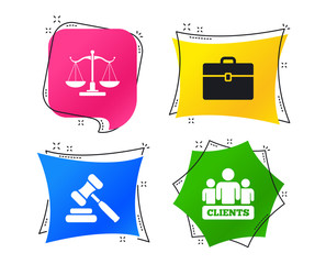 Scales of Justice icon. Group of clients symbol. Auction hammer sign. Law judge gavel. Court of law. Geometric colorful tags. Banners with flat icons. Trendy design. Vector