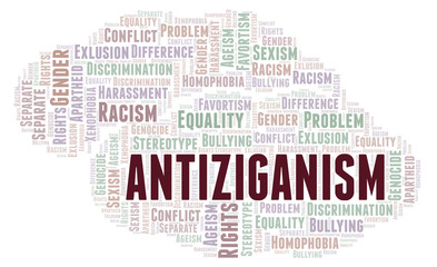 Antiziganism - type of discrimination - word cloud.