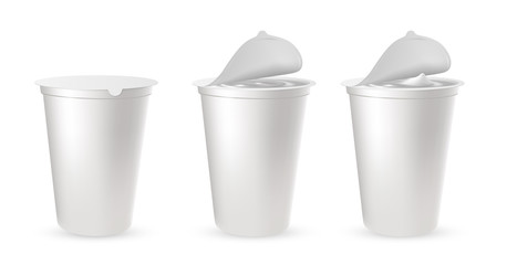 Fototapeta na wymiar Realistic plastic packages for yogurt with foil lid, cap.