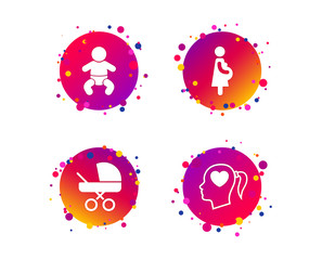 Maternity icons. Baby infant, pregnancy and buggy signs. Baby carriage pram stroller symbols. Head with heart. Gradient circle buttons with icons. Random dots design. Vector