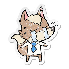 distressed sticker of a cartoon crying wolf wearing work clothes