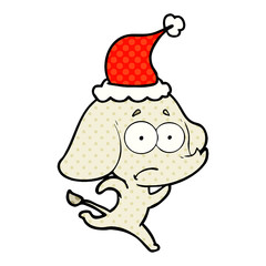 comic book style illustration of a unsure elephant running away wearing santa hat