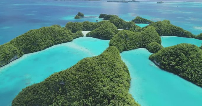 Aerial shot travelling over Palau's 70 islands