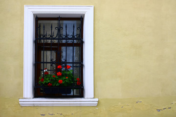 window with bars on a yellow wall