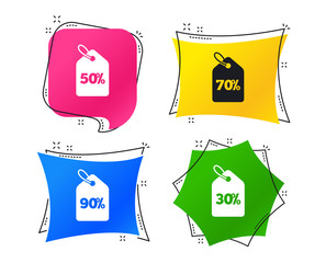 Sale price tag icons. Discount special offer symbols. 30%, 50%, 70% and 90% percent discount signs. Geometric colorful tags. Banners with flat icons. Trendy design. Vector